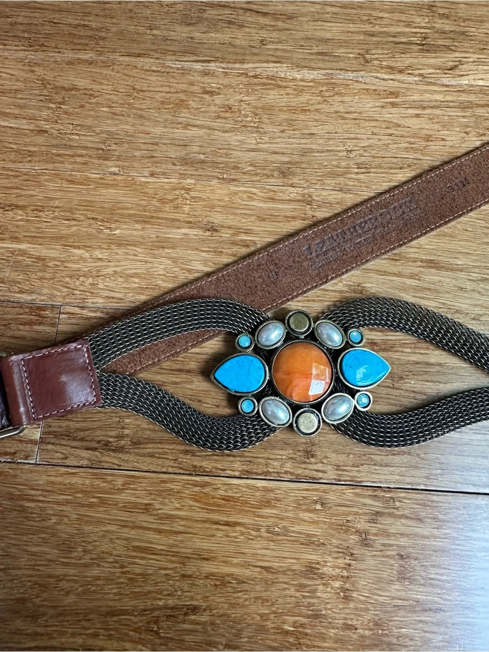 LEATHER ROCK Women M Statement Western Boho Brown Leather Belt Stone Accent